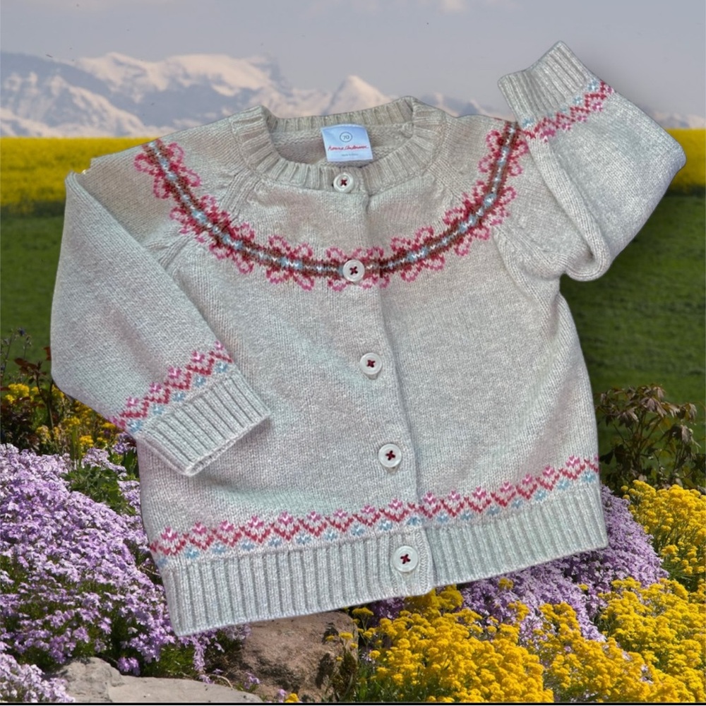 Hanna Andersson oatmeal cardigan knit sweater 70 6-12 VGUC Cotton Wool Blend